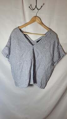 Tahari 100% Linen Striped V-Neck Boxy Patchwork Top, XL